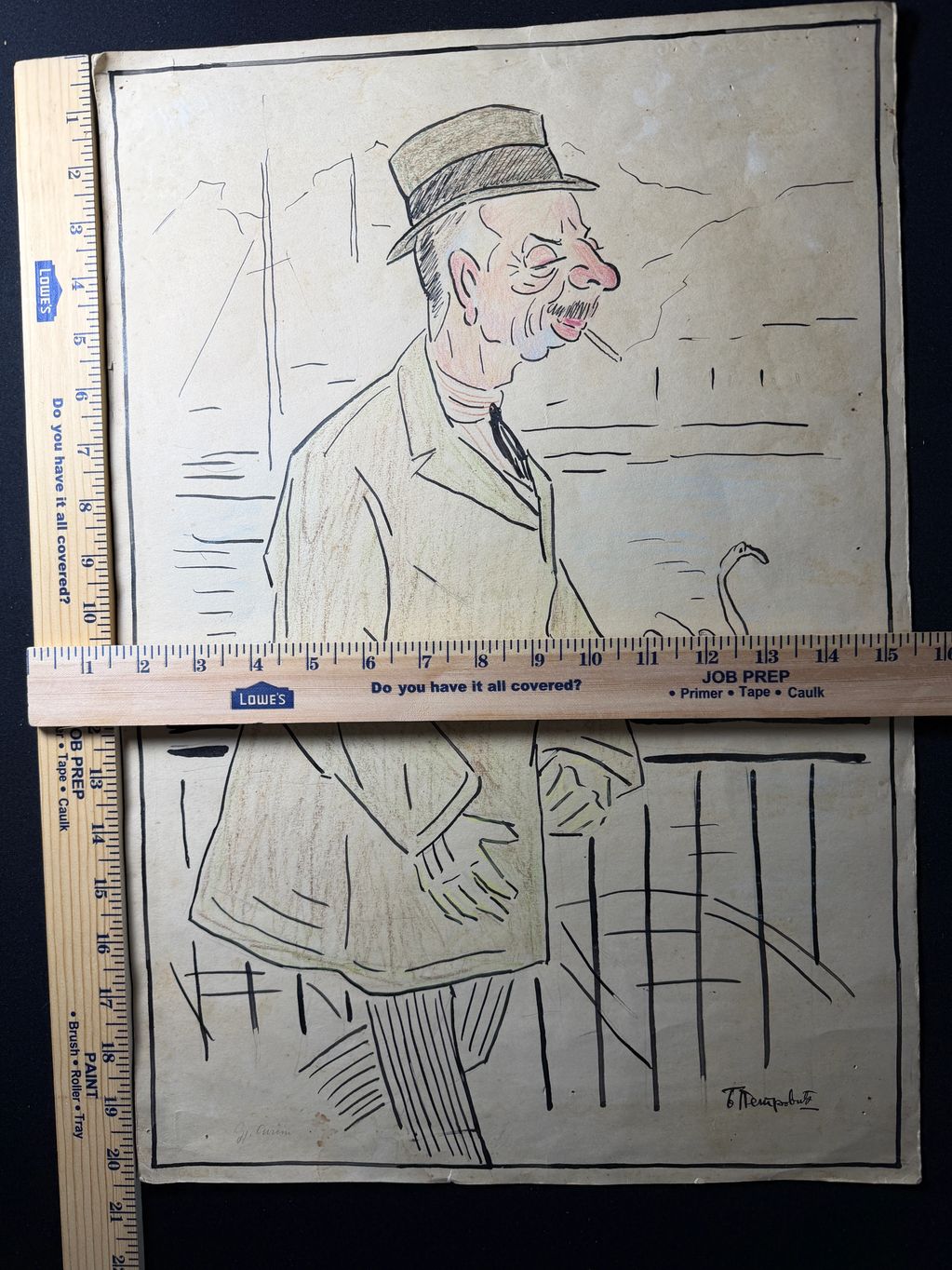 Caricature of a man in a hat and coat, smoking a cigarette.