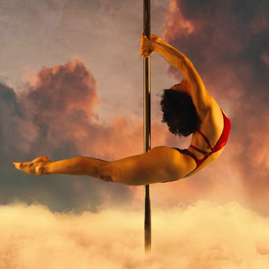 Strength and backbend flexibility based intermediate pole dance move called Dove using thigh grip