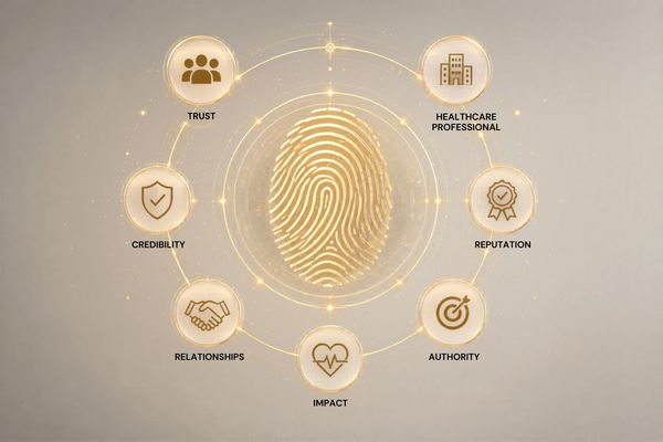 A golden fingerprint surrounded by healthcare trust and authority icons.