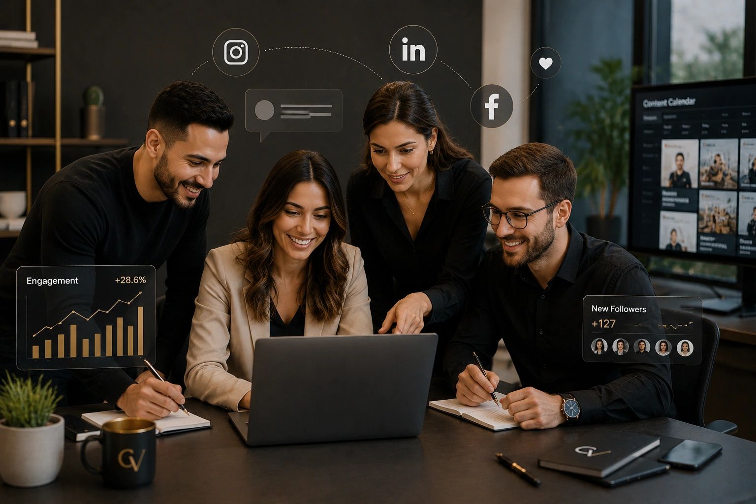 Four colleagues analyzing social media engagement and follower growth on a laptop.