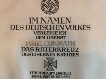 Velum award to Paul Conrath for Nazi era Knight's Cross of the Iron Cross.

