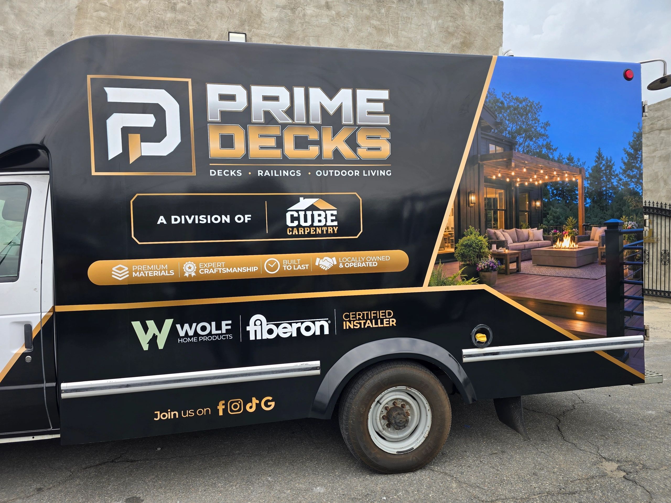 Prime Decks service truck for deck construction projects across New Jersey