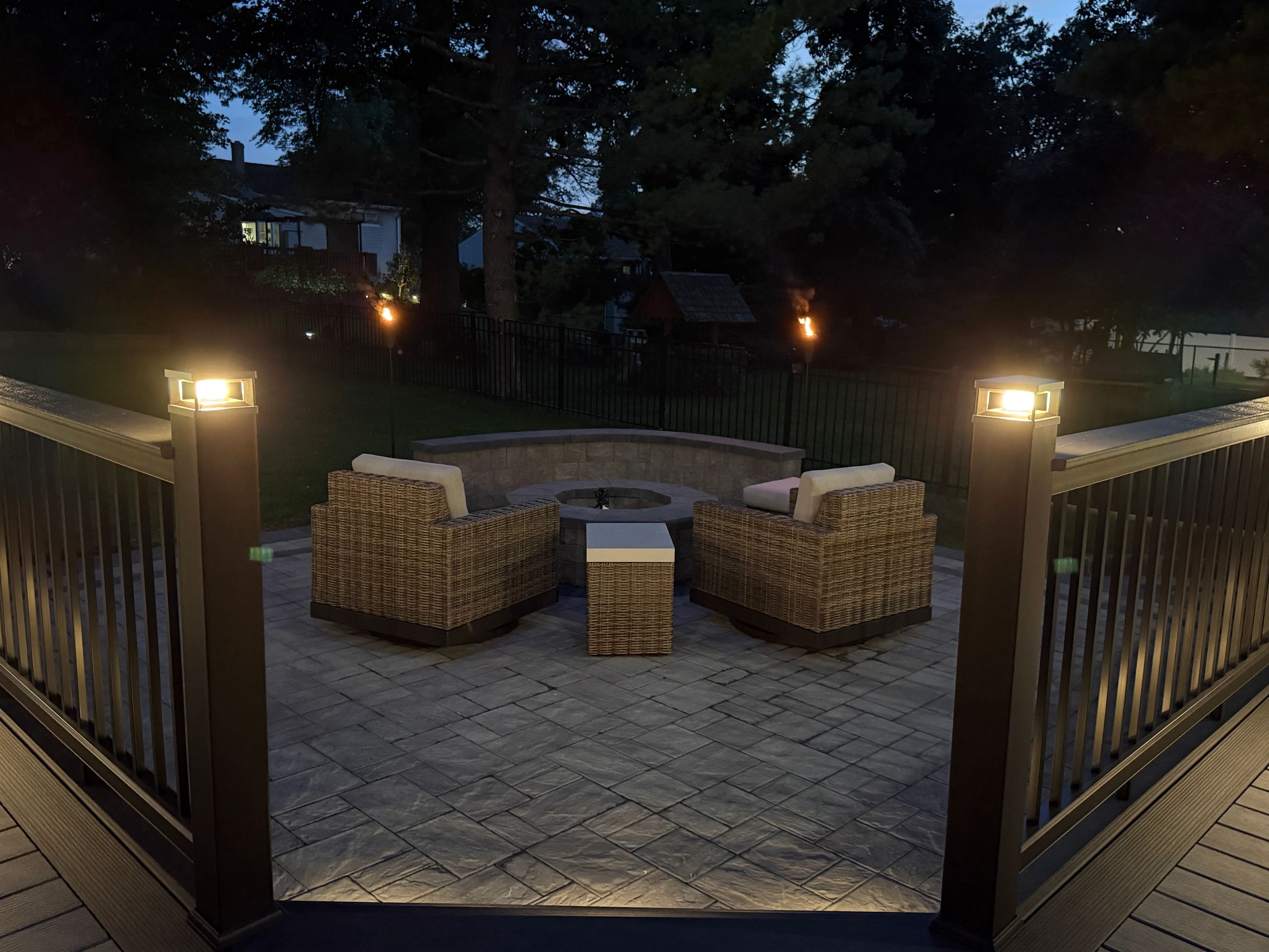 TimberTech railing opening toward patio in Cedar Grove