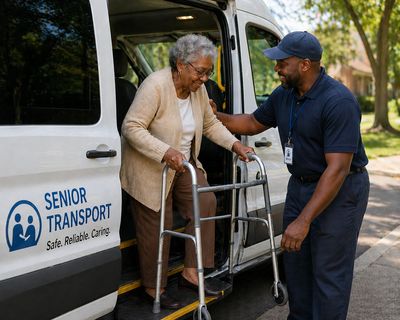 Senior woman assisted by a transport worker while exiting a vehicle.