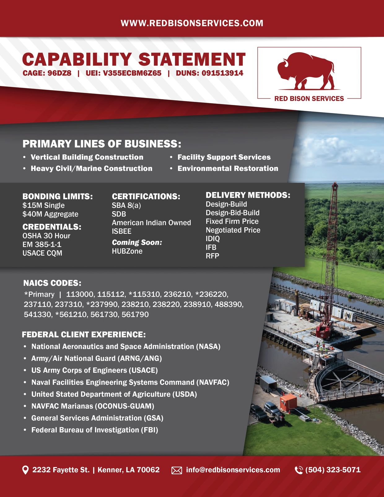 Business capability details of Red Bison Services including services, certifications, and federal experience.