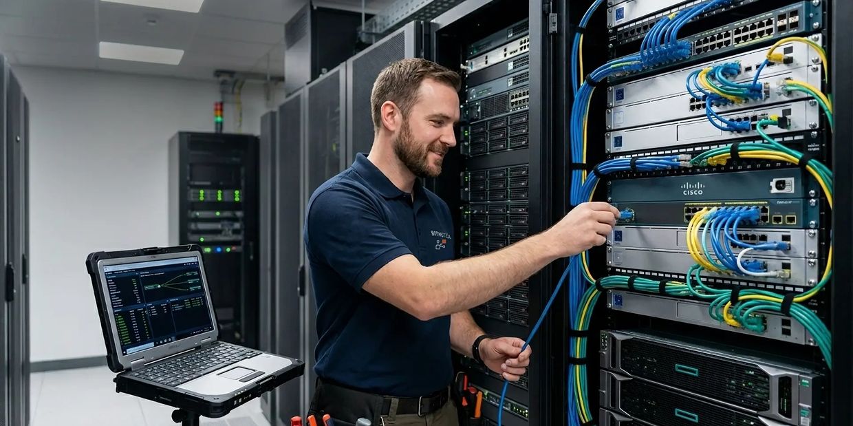 Technician configuring network cables in a server room with a laptop nearby.