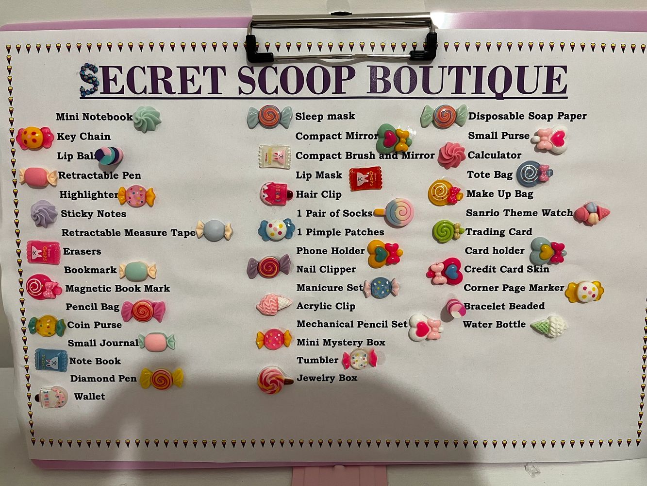 A colorful product list with candy-themed icons at Secret Scoop Boutique.