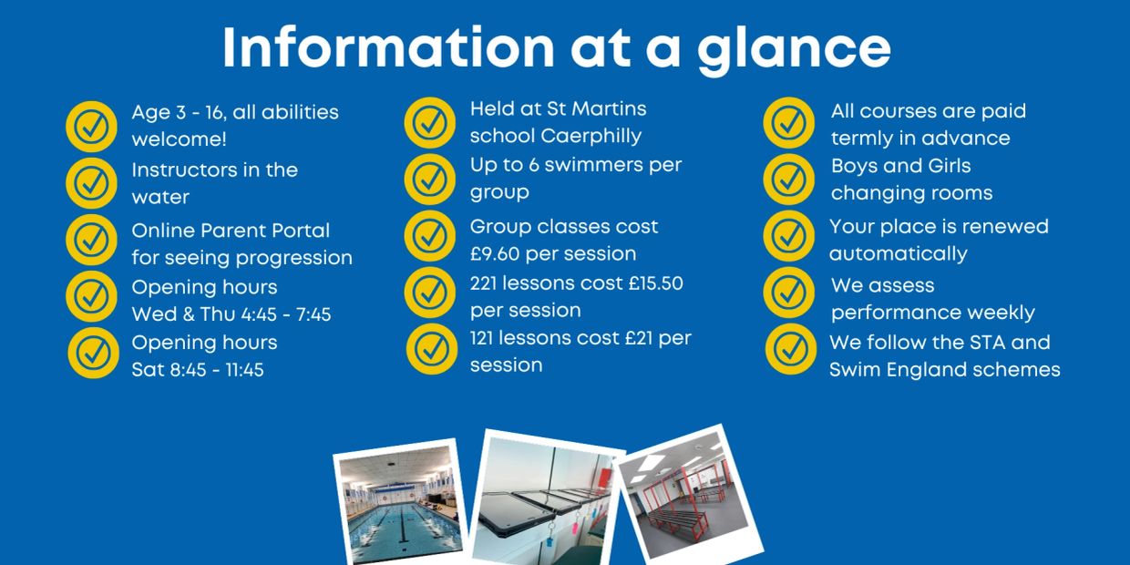 Swimming classes for ages 3-16 at St Martins, Caerphilly, with group lessons and weekly performance assessment.