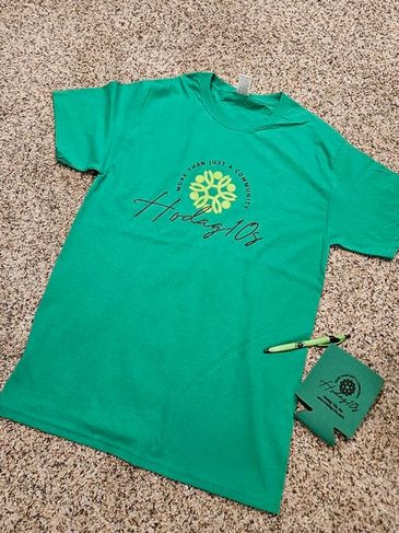 Green Hodge10s T-shirt with matching pen and koozie.