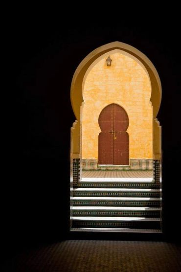 Ornate door with arched frame and tiled steps.