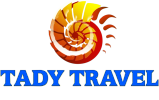 Logo of Tady Travel with a colorful spiral design.