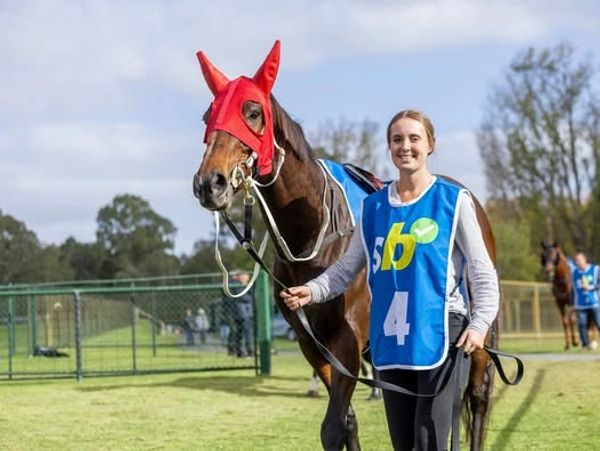 A woman leads a racehorse wearing a red hood on a grassy field.