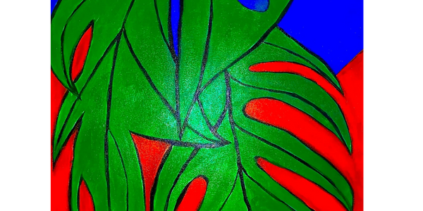 Abstract green leaves with bold outlines against a vibrant red and blue background.