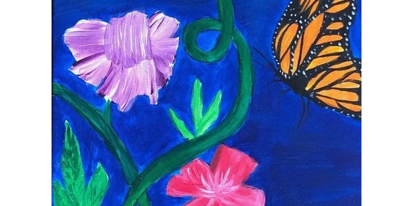 Bright monarch butterflies and colorful flowers against a deep blue background.