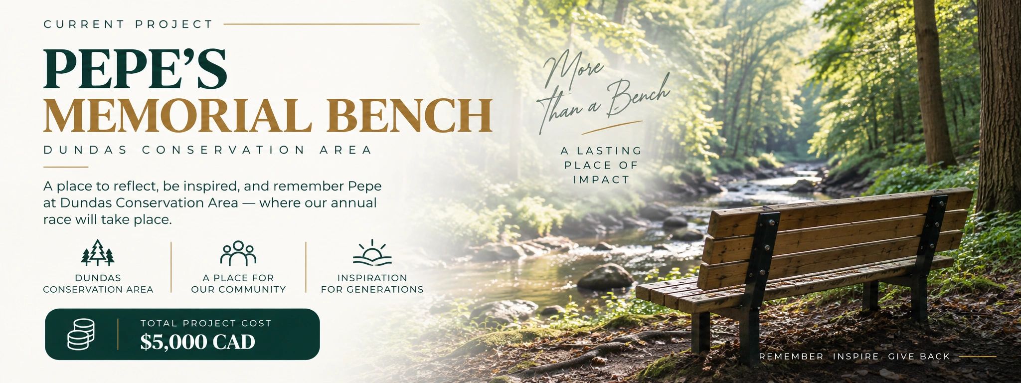 Pepe's Memorial Bench at Dundas Conservation Area, a place to reflect and be inspired.