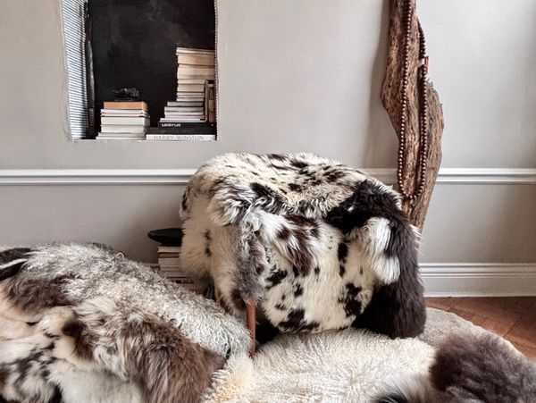 Cozy room corner with fur-covered furniture and stacked books.