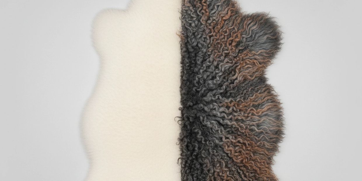 Two contrasting textured fabrics: one smooth and white, the other curly and multicolored.