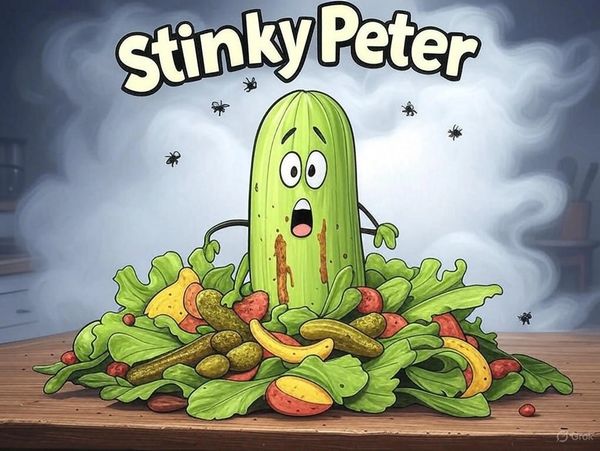 Animated cucumber character 'Stinky Peter' surrounded by spoiled food and flies.