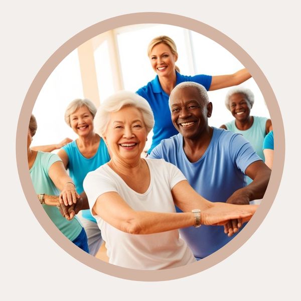 Seniors enjoying a group exercise class with an instructor.