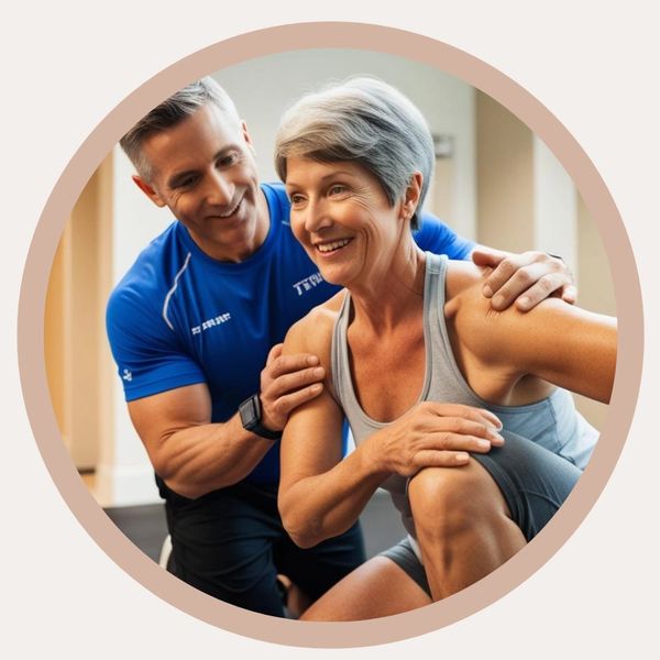 Fitness trainer guiding a senior woman through a workout.