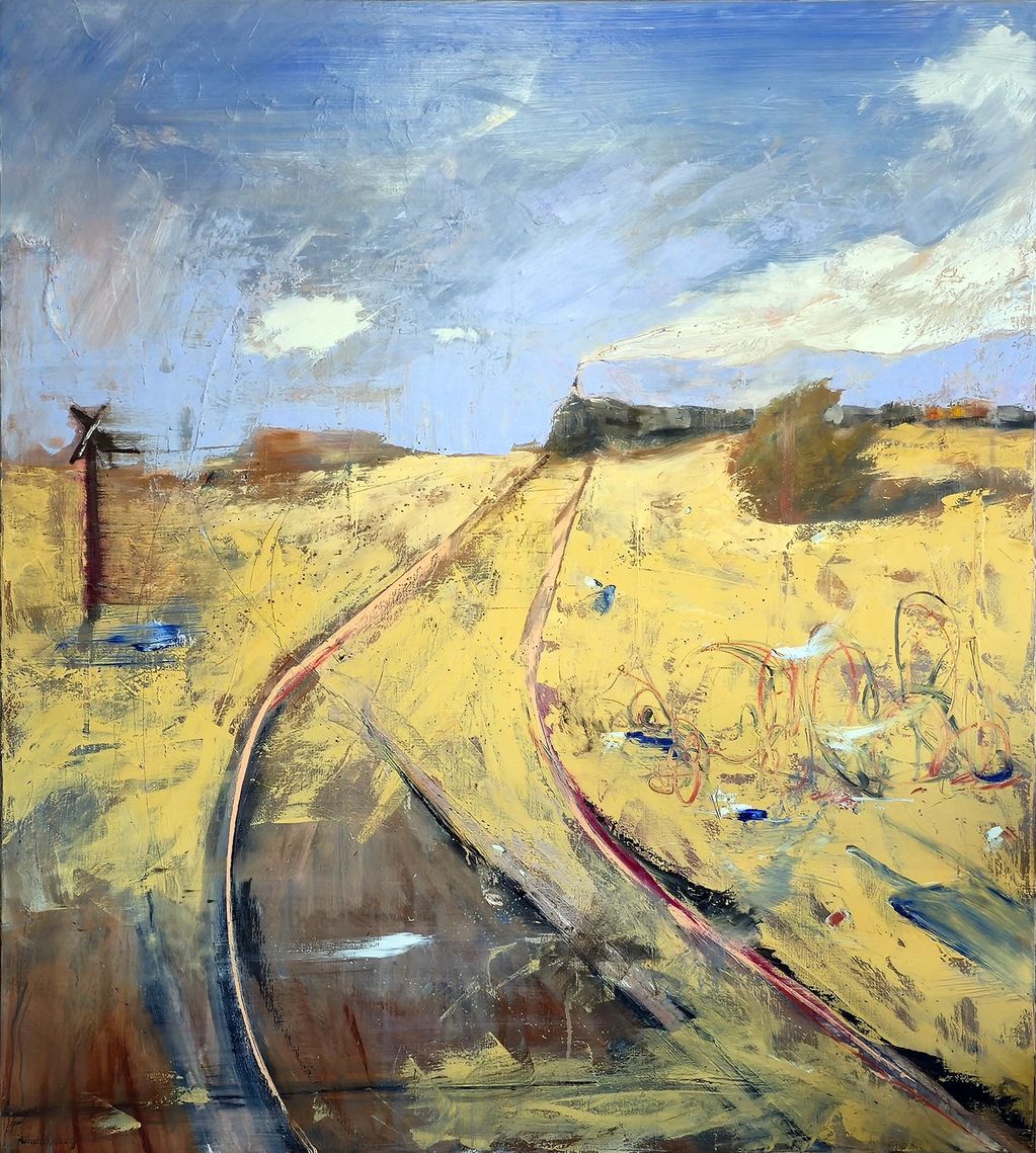 painting of a train railroad and a bright expressionistic desert scene. 