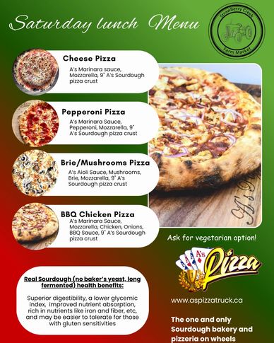 Saturday lunch menu featuring four sourdough pizzas from A's Pizza with vegetarian options.