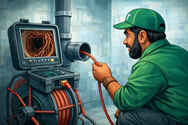 Alt Text: GT Plumbing company mascot performing a sewer camera inspection, pushing a digital locator