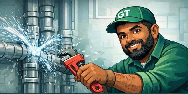 Alt Text: GT Plumbing company mascot repairing a burst pipe with a pipe wrench, providing fast 24/7 