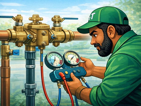 Alt Text: Certified GT Plumbing technician inspecting pressure gauges on a commercial mechanical bac