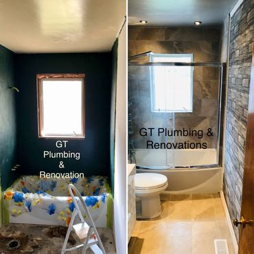 Before and after of bathroom renovation. 