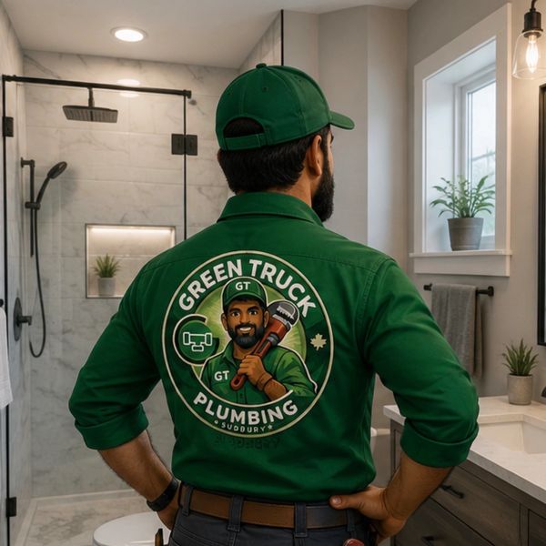 Alt Text: GT Plumbing contractor inspecting a beautifully finished bathroom renovation in Sudbury, c
