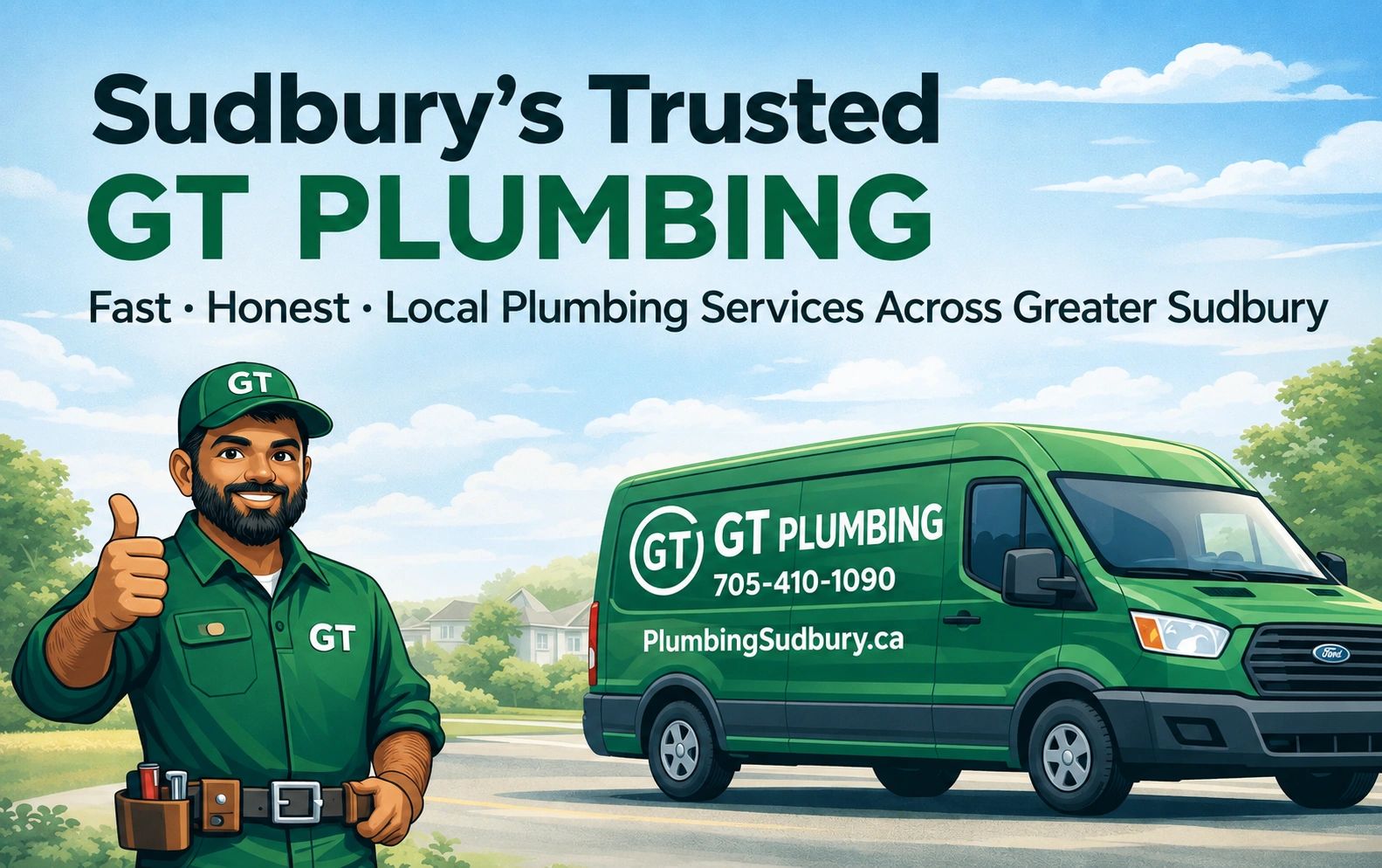 Alt Text: GT Plumbing & Renovations mascot standing proudly next to the  service van  in Sudbury.