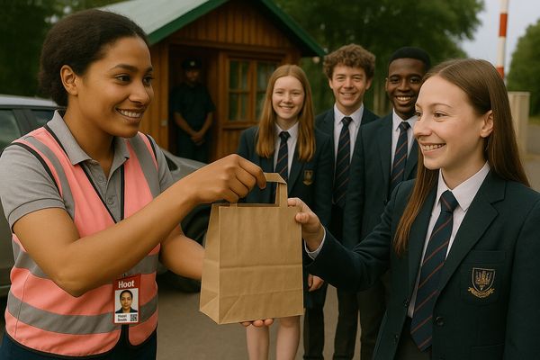 Hoot driver handing food to students in line with school protocol in presence of school security.