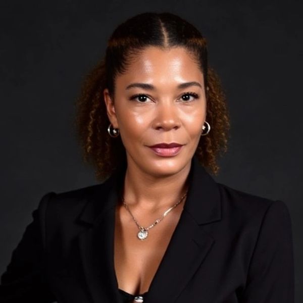 Confident woman in a black blazer with curly hair and hoop earrings.