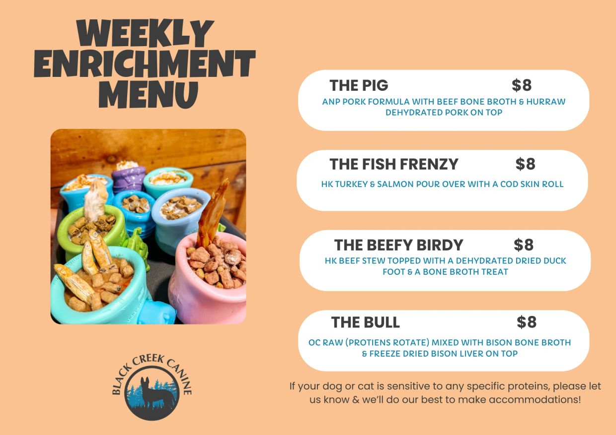 Weekly enrichment menu for dogs with four protein-rich options, each priced at $8.