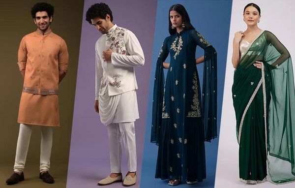 Four models showcase elegant traditional Indian outfits in various styles and colors.