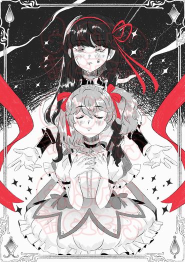 Black and white Madoka and Homura(Madoka Magica) Homura above Madoka 