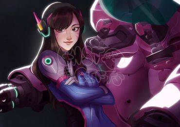 D.VA from Overwatch leaning on her mech