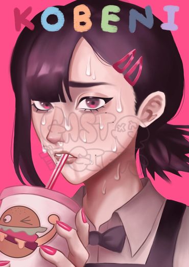 Kobeni from Chainsaw Man sweating and drinking from a Family Burger Soda 🥤 