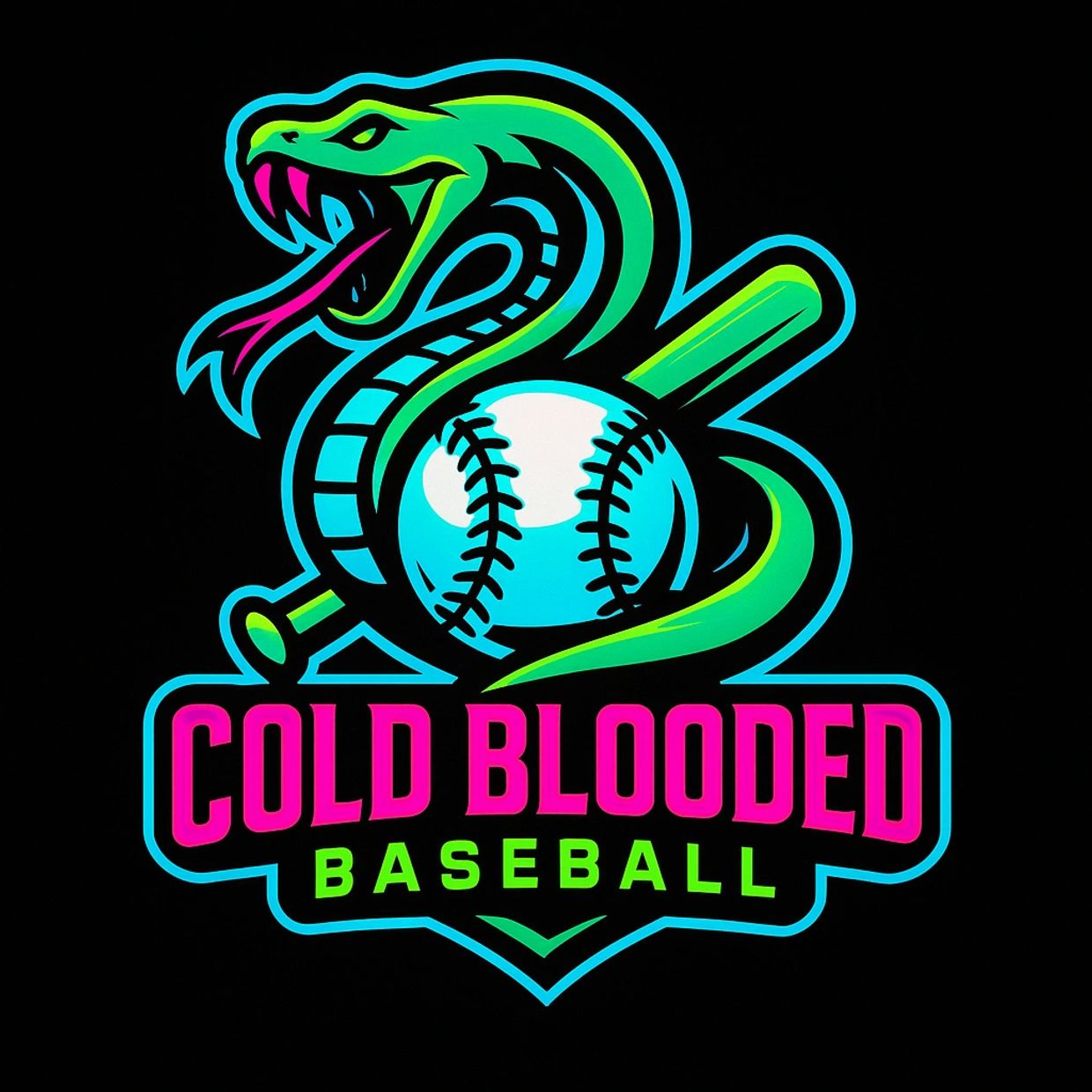 Vibrant Cold Blooded Baseball logo featuring a fierce snake coiled around a bat and ball.