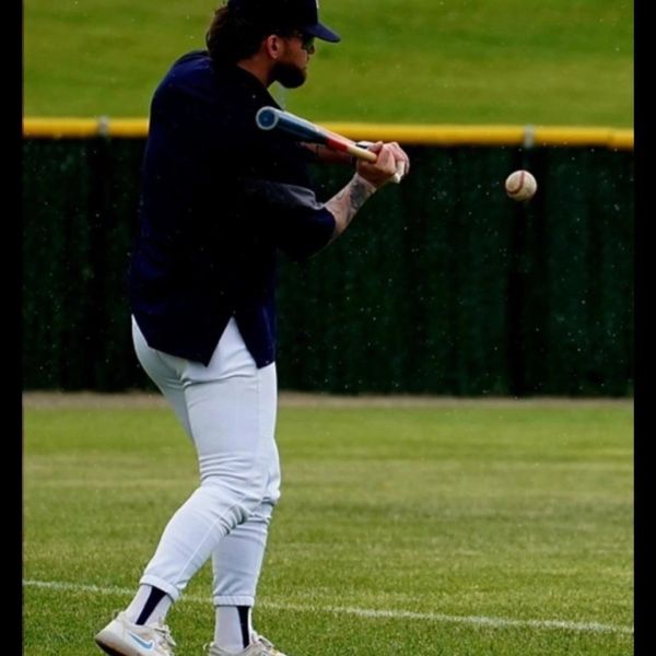 Man in dark shirt batting in a baseball game on a grassy field.