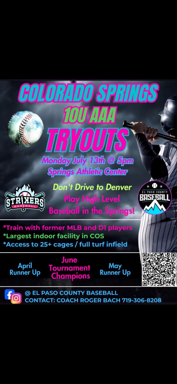 Poster for Colorado Springs 10U AAA baseball tryouts on July 13th.