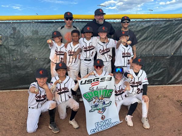 Youth baseball team proudly showing championship rings and banner.