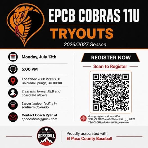 EPCB Cobras 11U baseball tryouts for 2026/2027 season.