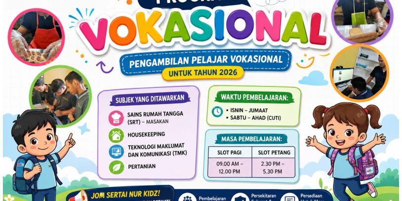 Poster for Nur Kidz vocational program enrollment for 2026 with colorful design and cartoon kids.