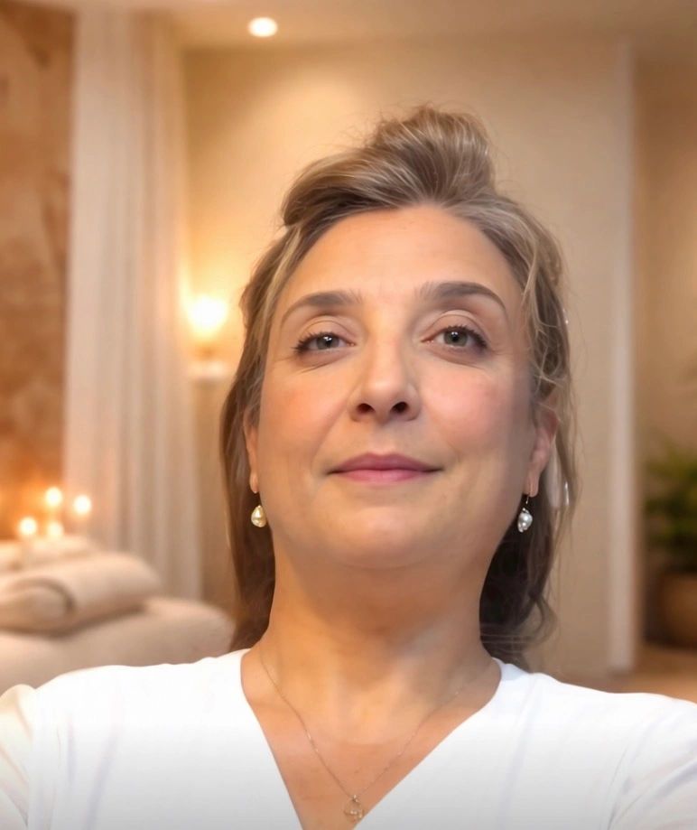 A serene middle-aged woman in a cozy, softly lit room with candles in the background.