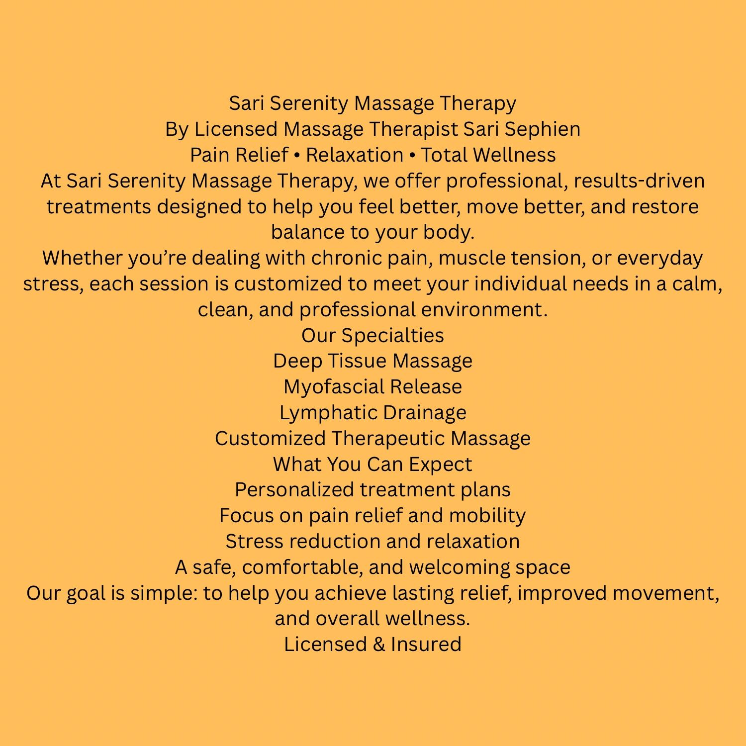 Sari Serenity Massage Therapy offers personalized pain relief and wellness treatments by licensed therapist Sari Sephien.