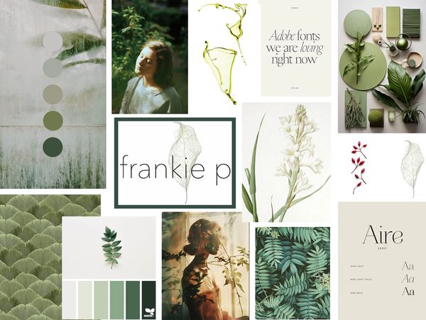 Nature-inspired mood board with green tones, plants, and artistic typography.