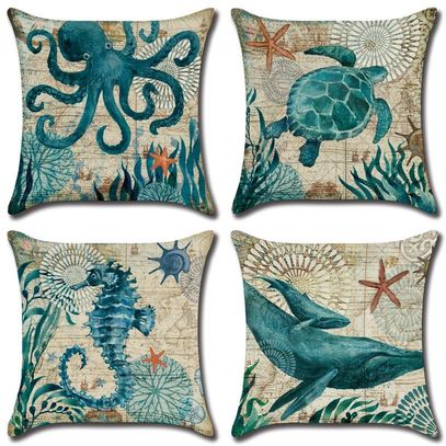 Double Sided Print Marine Throw Pillow Covers 4PCS 18"x18" Decorative Cases Cotton Soft for sofa