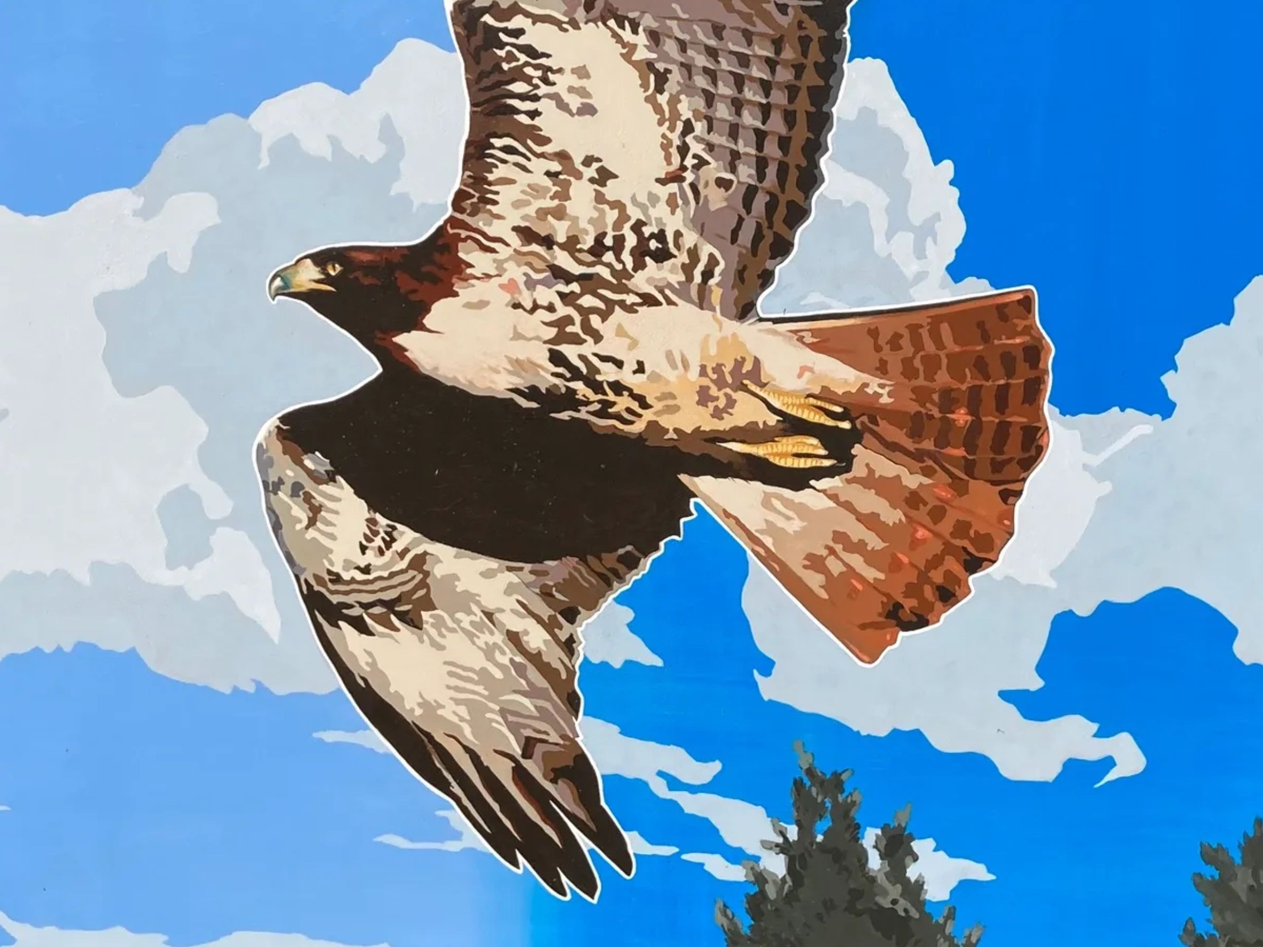 A detailed mural of a hawk soaring in the sky with clouds and trees below.